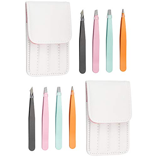 Hedume 8 Pack Eyebrow Tweezers, Stainless Steel Slant Tip and Pointed Eyebrow Tweezer Set, Great Precision Daily Beauty Tools for Hair Removal with Leather Case (Color)
