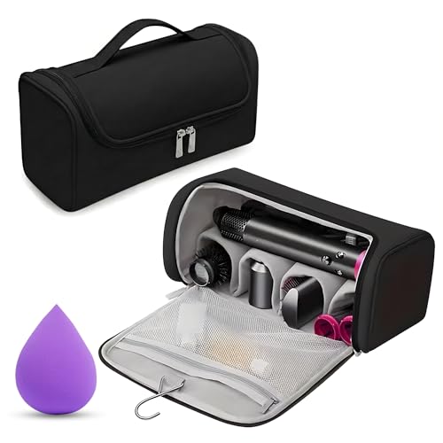 Image of OCEANEVO Travel Pouch for Airwrap Styler WITH Makeup Sponge, Storage Organiser Bag for Airwrap Attachments with Hanging Hook (Bag Only) - 31 x 14 x 16 Cm - Black - 1 Year Warranty