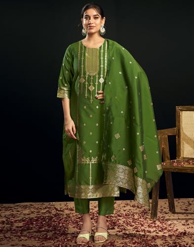 Image of SIRIL Women's Rayon Viscose Banarasi Jacquard Straight Kurta Pant with Dupatta Set