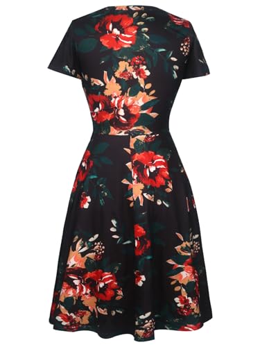 Image of oxiuly Women Casual Dress Round Neck Soft Cotton Floral A-Line Midi Summer Dresses with Pockets OX262