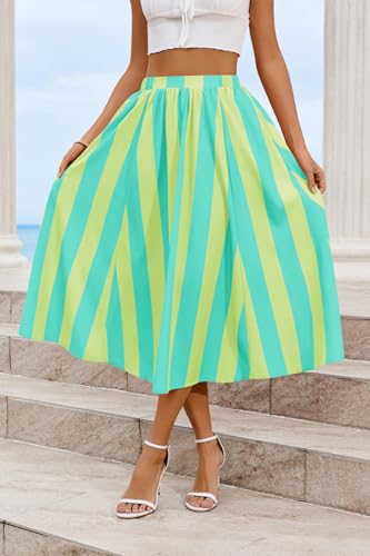Image of Cicy Bell Womens Summer Striped Maxi Skirts A-Line Beach Vacation Outfits | Elastic Waist, Side Pockets, Flowy, Midi Length, Color Contrast, Trendy Casual