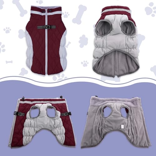 Image of Lelepet Dog Coat Warm Dog Winter Coat Waterproof Dogs Jacket with Harness | Reflective Pet Fleece Vest Zip-Up Cold Weather Coats for Large Dogs Turtleneck & Windproof Boston Terrier Wine Red L