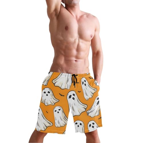 Men's Swim Trunks Quick Dry Swimming Shorts with Pocket Ghost Pattern on Orange Background Swimsuit Trunks4