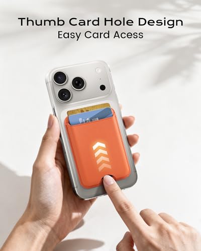 Image of KPNEOL Magnetic Mag-safe Wallet Cell Phone Card Holder for Phone Case with Mag-Safe, Stronger Magnetic RFID Leather Stick on Phone Wallet Compatible with iPhone 17 /16 /15 /14 /13 /12 Series, Orange Color