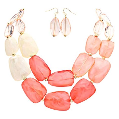 Rosemarie Collections Women's Ombre Polished Resin Statement Necklace Earring Set (Coral) Cover