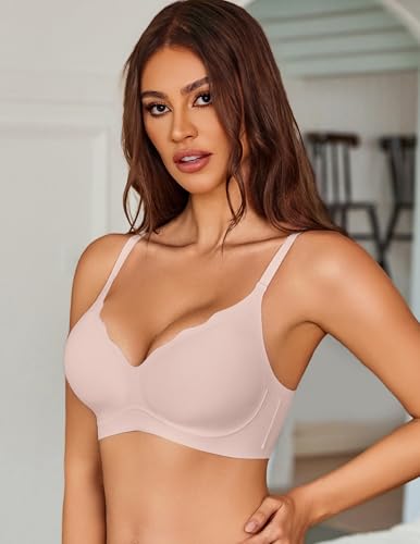 Image of Avidlove Womens Seamless Bra No Underwire Push Up Bralette Comfort Full Coverage Scalloped V Neck Back Fat Smoothing Bras(Pink,L)