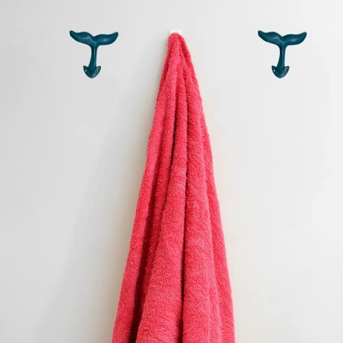 Navy Blue Whale Tail Cast Iron Wall Hooks, Wall Mounted For Hanging Coats, Purses, Towels, Hats, Beach Themed Wall Décor, Set Of 3, 4.5 Inches High #TOP5