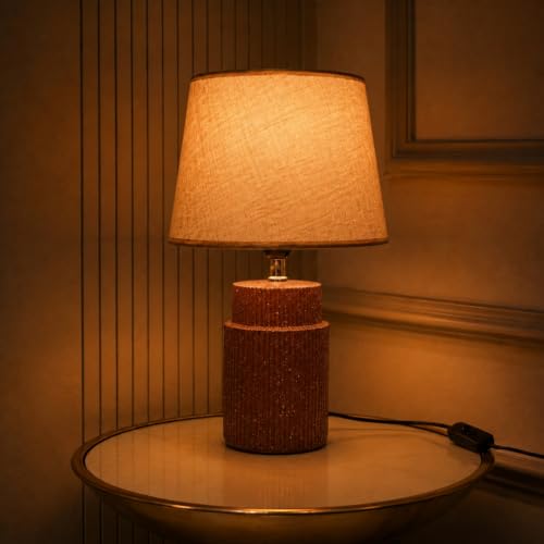 Image of ELARE Modern Brown Table Lamp with Cotton Fabric Shade, Warm Ambient Light, Bulb Included, Wired Bedside Lamp for Bedroom, Living Room, Study & Office