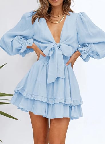 Image of Dokotoo Womens Casual Spring Fall 2025 Deep V Neck Knotted Tiered Chiffon Elegant Mini Short Swing Skater Dresses