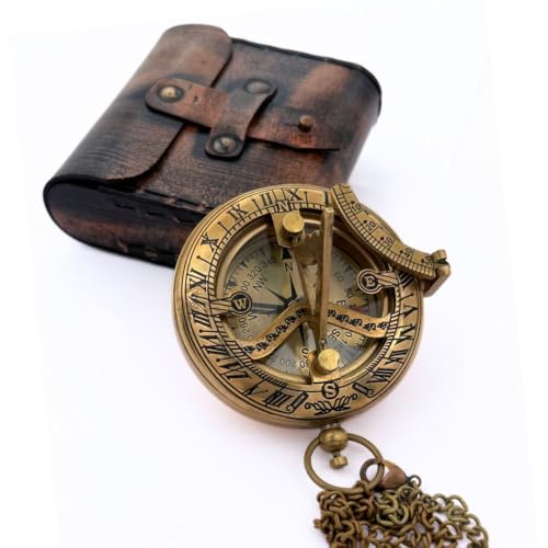 Handcrafted Vintage Brass Sundial Compass – Antique Nautical Sun Clock with Leather Case – Engraved Collectible Gift for Him – Ideal for Thanksgiving, Christmas, Holiday,