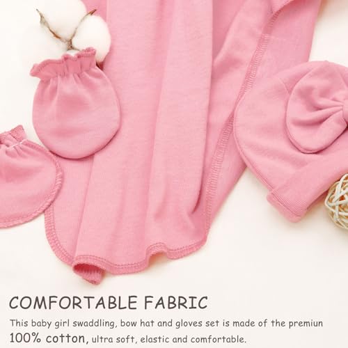 Image of AQOKKA Baby Swaddle Blankets with Bow Hat Mittens Set Infant Receiving Blankets Swaddles for Newborns Unisex Toddler Swaddle Wrap Sets for Baby Girls Boys Nursery Warm Shower Gift