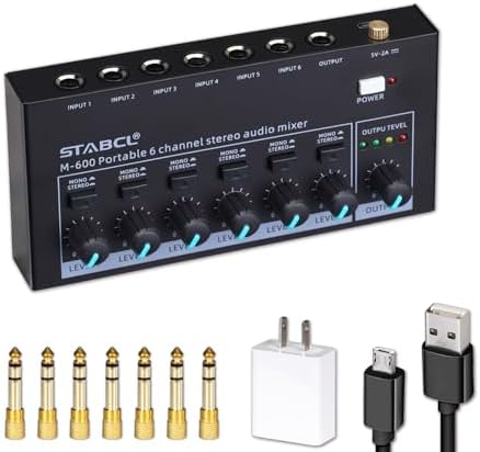 STABCL Mini 6-Channel Audio Mixer with 7 pcs 6.35mm to 3.5mm Adapter Jack, Stereo Line Mixer for Sub-Mixing, Multi-Input (Mic/Guitar/Keyboard/Bass), Powered by 5V DC