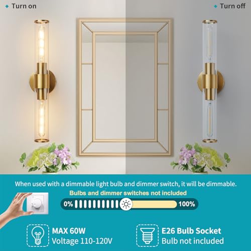 Image of Hardwired Gold Bathroom Vanity Light Clear Glass Wall Sconce | Up & Down Bidirectional Lighting, Damp Rated For Bathrooms, Dimmable, Rustproof Gold Metal, 5-Year Manufacturer Warranty