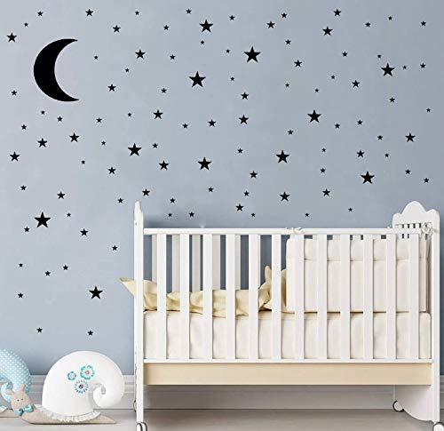 thovorrnlMoon and Stars Wall Decal Vinyl Sticker, Removable Children Kids Art DIY Sticker Mural for Boy Girls Baby Room Decoration Good Night Nursery Wall Decor Home House Bedroom Design (Black)