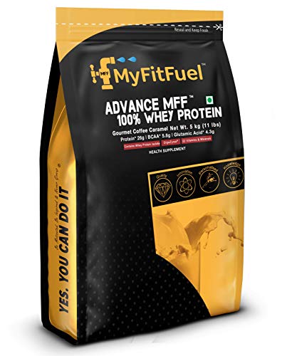 Image of MyFitFuel Advance MFF 100% Whey Protein Powder, With Digestive Enzymes and Multi Vitamins | 5 Kg, 142.5 Servings (Gourmet Coffee Caramel)