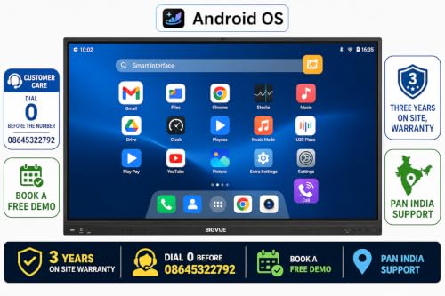 Image of BIG VUE Pro 75 inch Android 16 Interactive Television + Stand, 4K UHD Google EDLA + AI Enabled Flat Panel Digital Board, Ultra Octa-Core Processor, 48MP Camera, 8 /128 GB for Teaching & Office Use