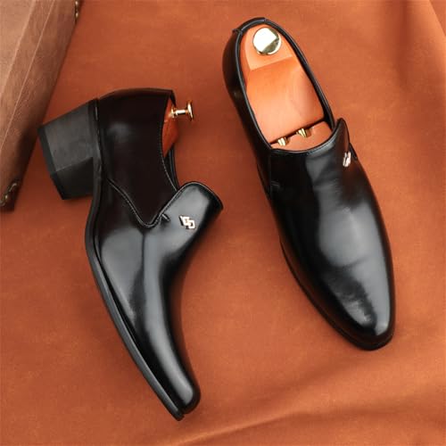 Men's Retro Leather Slip On Pointed Toe Chunky Block Heels Dress Loafers with Medium Top Comfort Non Slip Derby SHOS for Wedding Business Work Dating Party Prom Formal3