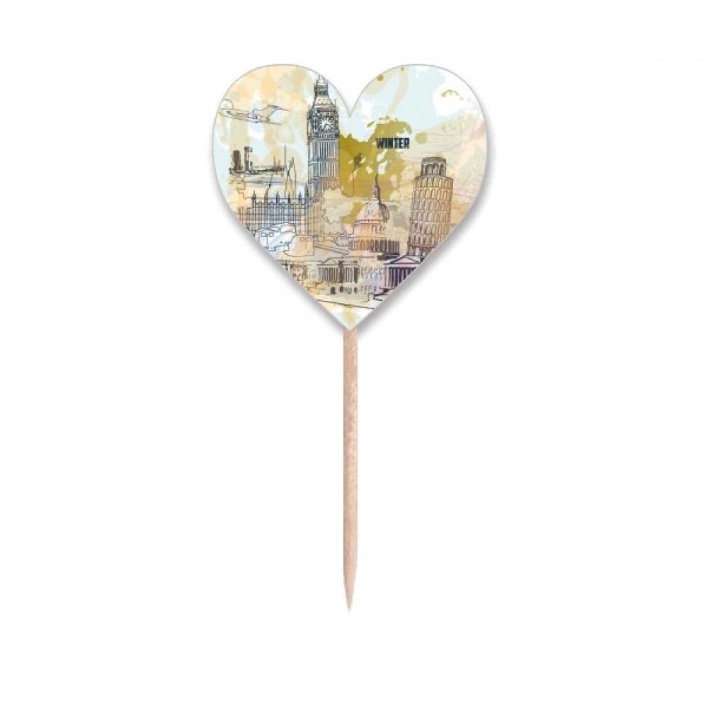 Travel Landmark Big Ben Leaning Tower of Pisa Toothpick Flags Heart Lable Cupcake Picks