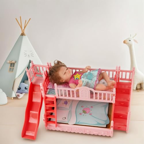 BABESIDE 13 Pcs Baby Doll Crib Set with Baby Doll Clothes for 4-6 Inch Dolls, Babydoll Bunk Bed Furniture with Toy Slide and 6 Sets of Doll Clothes Accessories for Mini Baby Dolls
