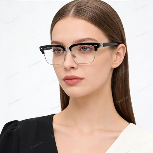 Image of Semi Rimless Rectangle Blue Light Glasses Men Women Black Square Eyewear