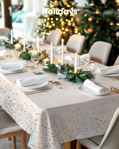 Image of Pureegg Plastic Table Cloth Disposable 10 Pack, 54 x 108 Inch Table Cloths, Graduation Decorations Class of 2025, Graduation Tablecloths, Rectangle, Plastic Cover, Leakproof & Sturdy, White and Gold