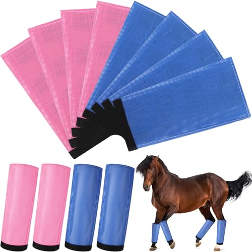Image of Set of 8 Mesh Fly Boots for Horse Breathable Mesh Horse Boots Protective Loose Wraps Adjustable for Preventing Legs Reduces Flies and Mosquitoes Bites(Blue, Pink,S)
