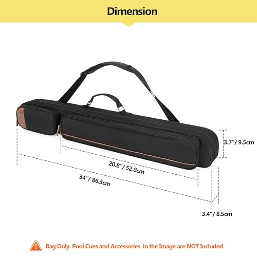 Rexmica 2x2 Pool Cue Case Holds 2 Butts and 2 Shafts, Billiard Pool Cue Stick Carrying Case Bag with Handle and Detachable Shoulder Strap, Soft Padded Pool Cue Bag with Front Accessory Pocket, Black