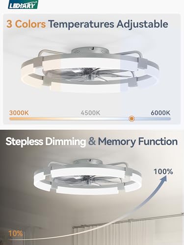 Image of LEDIARY 24 inch Ceiling Fans with Lights and Remote, Modern Low Profile Ceiling Fan, 3 CCT, Stepless Dimmable, Fandelier Flush Mount Fan Light, 6 Speeds, DC Motor, App & Remote Control for Bedroom(Grey)