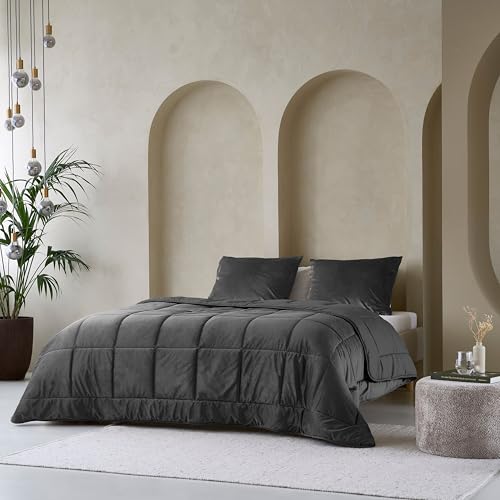 Zelesta Velvetbed Bettdecke - Waschbare bettdecke ohne Bezug - Samtstoff Bettwäsche - Winterdecke und Sommer-Bettdecke - Duvet - 4 Jahreszeiten - Anti-Allergene Steppdecke (Anthracite, 140x200 cm)