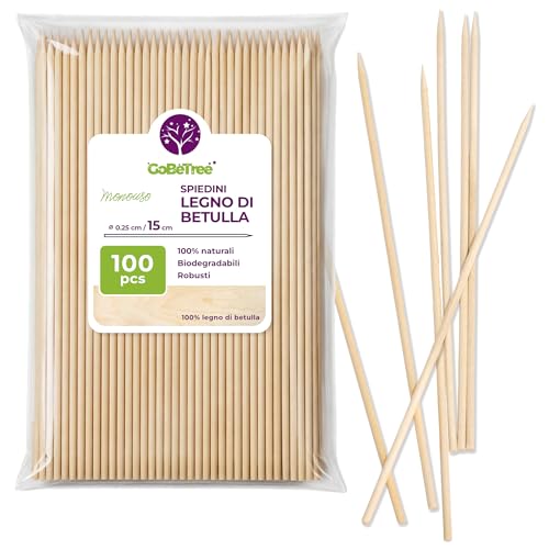 100 Spiedini in Legno di Betulla 15 cm x 2,5 mm | Bastoncini Extra Resistenti per Barbecue, Carne e Frutta | Stecchini Ecologici Multiuso per Fai da Te