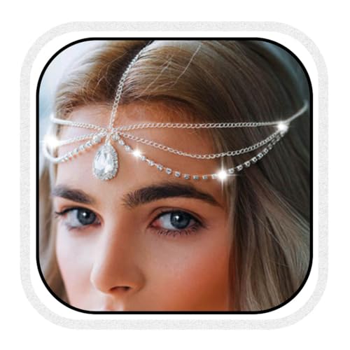 Fashband Collana per testa con ciondolo, da sposa, in stile boho, con strass, nuziale, gioiello per capelli, per donne e ragazze