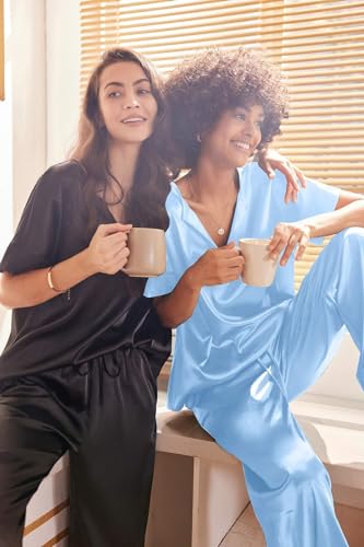 Image of Ekouaer Mens Satin Pajamas Set Button-Down Short /Long Sleeve Shirt Top Soft Silk Sleepwear Loose Pocket Pant Loungewear