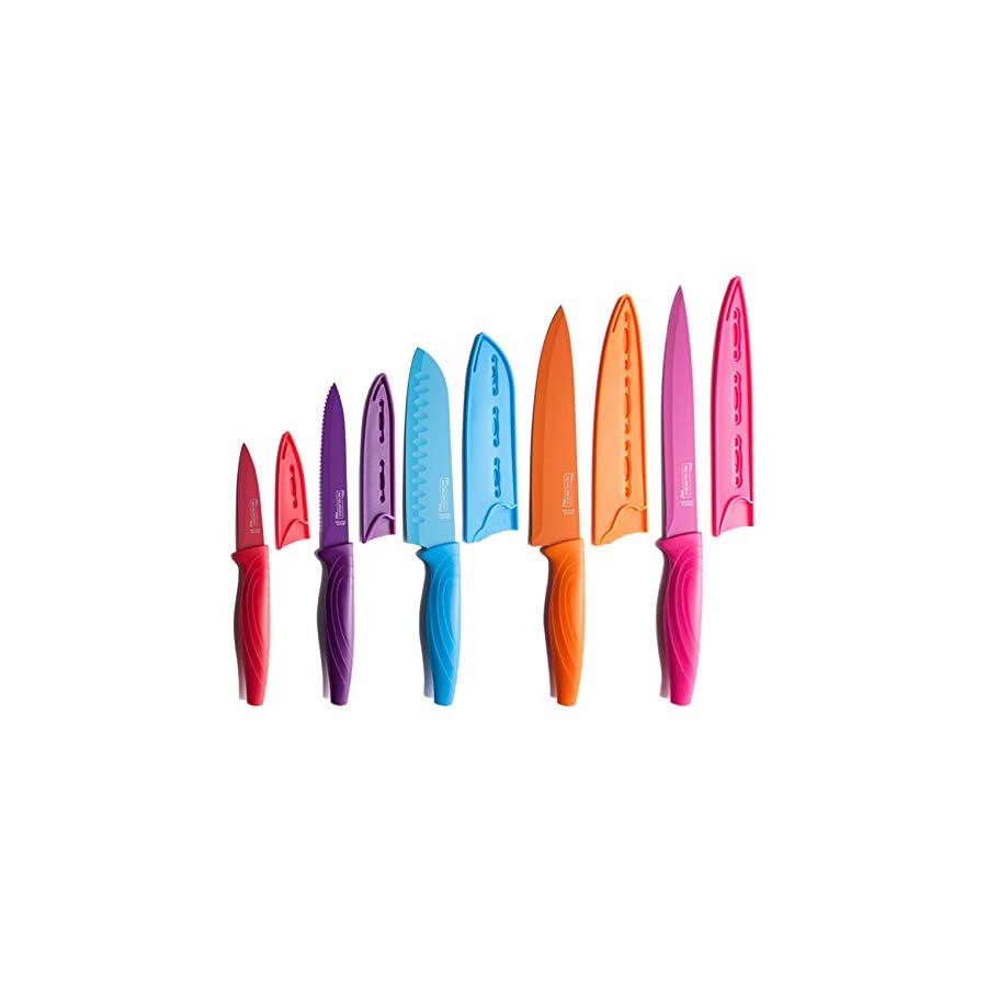 MICHELANGELO Knife Set, Sharp 10-Piece Kitchen Knife Set with Covers, Multicolor Knives, Stainless Steel Knives Set for Kitchen, 5 Rainbow Knives & 5 Sheath Covers