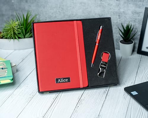 Image of Personalised 3 in 1 Corporate Gift Set which includes Diary,Keychain& Metal Pen. Personlised Gift Set On Rakhi, employee of the month, Personalised Corporate Gift for Clients. (Red)