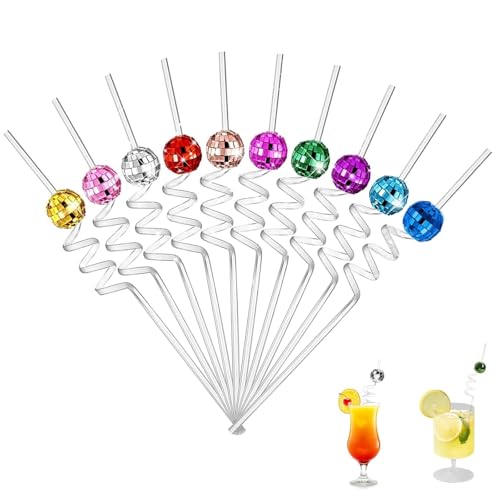 10 Stück bunte Cocktail-Strohhalme aus Kunststoff - Deko-Strohhalme mit Discokugel, Disco-Spiegelkugel, Curling-Design