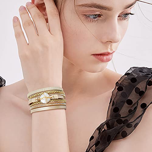 Wovanoo Leather Wrap Bracelet Set 3Pack Multilayer Cuff Bracelet Magnetic Clasp Bracelet Crystal Pearl Bracelet For Women Girls Pearl Love #TOP3