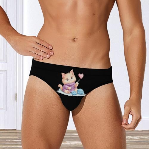 Cute Cat Knitting with Yarn Balls Printed Swim Briefs for Men Sexy Bikini Swimwear Elastic Beach Trunks Bathing Suit2