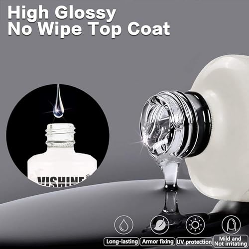 Vishine 15ml Base Coat No Wipe Top Coat Set, Gellack UV LED Gel Nagellck, Unterlack und Überlack Nägel Maniküre Kit 2pcs