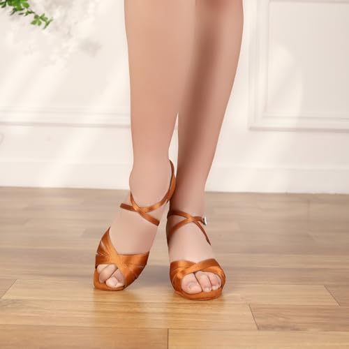 Image of HROYL Women Latin Dance Shoe Satin Salsa Ballroom Practice 3047 | Performece Social Cha Cha Salsa Dancing Shoes Bachata Sandals