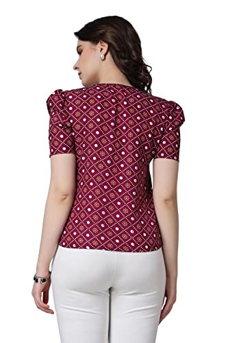 Image of POPWINGS Casual Printed Puff Sleeves Round Neck Top for Women || Stylish Summer Tops for Women || Hip-Length Women Top