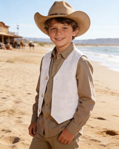 Image of Boys Vest Leather Western Cowboy Dress Vests with Pockets Vintage Suede V Neck Formal Wedding Waistcoat