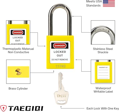 Image of Lockout Tagout Locks with Brass Core, Keyed Different, 10 Yellow Safety Padlocks Keyed Different, 1 Keys Per Lock, OSHA Compliant Loto Locks for Electrical Lock Out Tag Out Kits