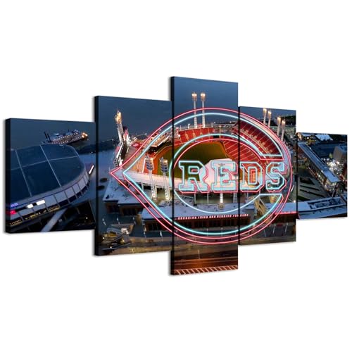Neon effect Reds Sign With Cincinnati Baseball Stadium Panoramic Poster (5-Panel Framed Canvas Printing Full Size: 80X150cm) Home Decor Man Cave Wall Art