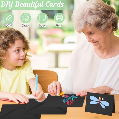 Briefumschläge mit Karten Blanko, 50er Set Umschläge Faltkarten zum Selbstgestalten, Kuvert Doppelkarten für Grußkarten, Einladung, Geburtstagskarten, Dankeskarten (Schwarz, 11 * 16CM)