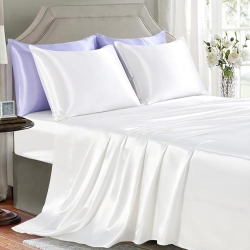 GOLAL Sábanas de satén queen, 4 piezas, sábanas suaves y sedosas, sábanas de seda satinada blanca, antiarrugas con 1 sábana bajera profunda, 1 sábana encimera, 2 fundas de almohada