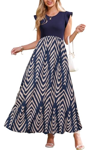Image of OUGES Women's Maternity Dress Summer Ruffle Sleeve Patchwork Casual Flowy Maxi Dresses with Pockets
