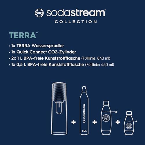 Bild 1 - SodaStream Wassersprudler TERRA Vorteilspack mit CO2-Zylinder, 2x 1L spülmaschinenfeste Kunststoff-Flasche und 1x 0,5L spülmaschinenfeste Kunststoff-Flasche, Höhe 44cm, Schwarz