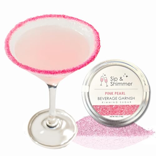 Sip & Shimmer Pearl Glass Rimming Sugar Beverage Garnish For Fun Festive Cocktails & Mocktails In A Wide-Mouth Tin 4oz (Pink Pearl)
