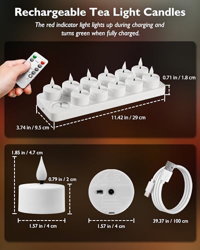 Homemory LED 12er Teelichter Wiederaufladbar mit Fernbedienung Ladestation, Aufladbare LED Teelichter Kerzen Flackernd mit Timer für Party Zimmer Halloween Weihnachten Deko
