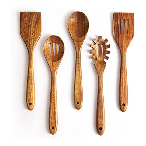 KITEISCAT Acacia Wooden Spoons for Cooking: 5-Piece Kitchen & Cooking Utensils Set - Wooden Spatula, Slotted & Pasta Spoon - Essential Wooden Utensil Set Cover
